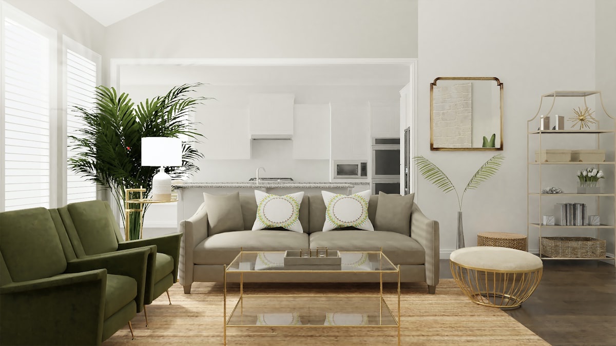 A modern luxury apartment living room in neutral grey and beige tones